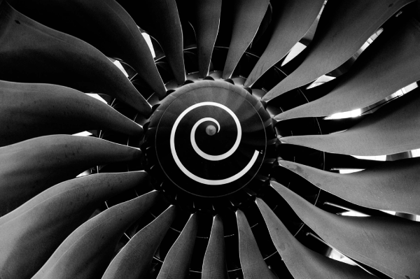 Jet Engine Turbine Blades Close Up Shot in Black and White