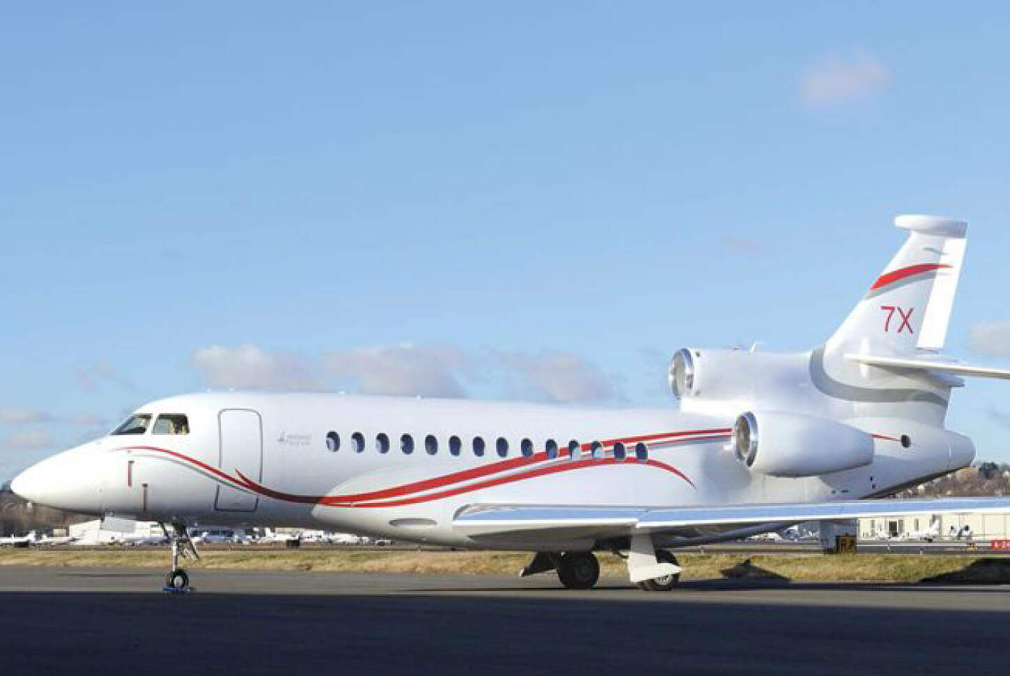 Falcon 7X SN048 Model in White on Runway Shot From Side